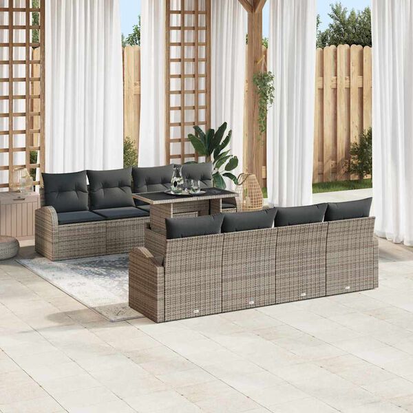 vidaXL Conjunto de sof&aacute; de jard&iacute;n 9 pcs Gris Rattan de Poli&eacute;ster