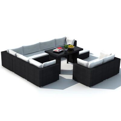 vidaXL Set muebles de jardín 10 piezas y cojines ratán sintético negro