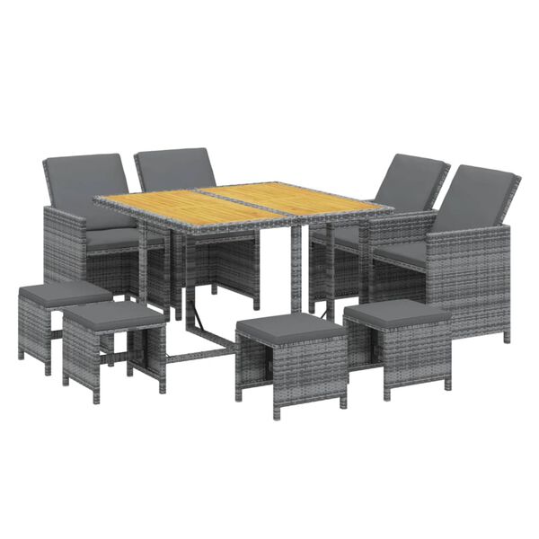 vidaXL Set comedor jard&iacute;n 9 pzas y cojines rat&aacute;n sint&eacute;tico gris