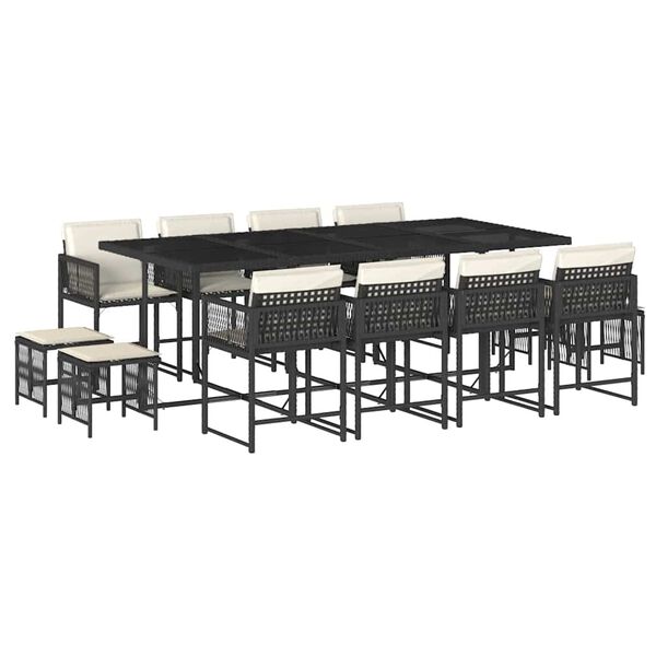 vidaXL Set comedor de jard&iacute;n con cojines 13 pzas rat&aacute;n sint&eacute;tico negro