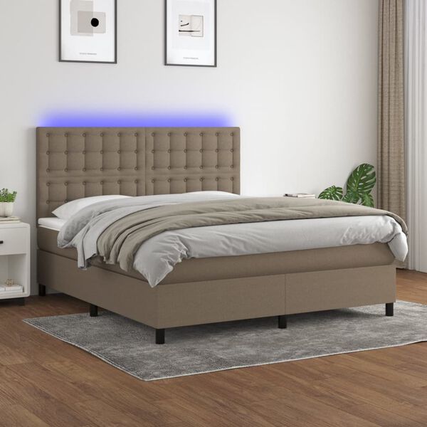 vidaXL Cama box spring colch&oacute;n y luces LED tela gris taupe 180x200 cm