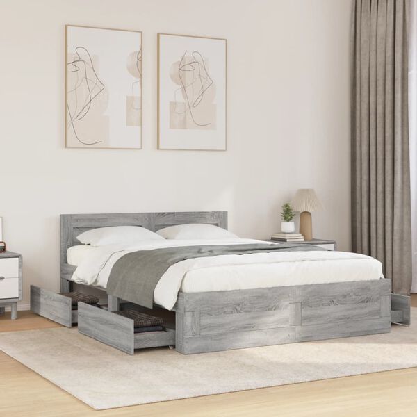 vidaXL Cama con cabecero madera de ingenier&iacute;a gris Sonoma 135x190 cm