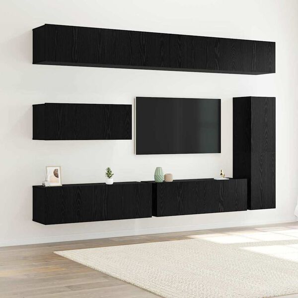 vidaXL Conjunto de mueble de TV 7 pcs Roble Negro Madera de ingenier&iacute;a