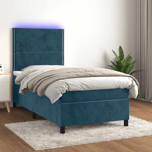 vidaXL Cama box spring colch&oacute;n y LED terciopelo azul oscuro 90x190 cm