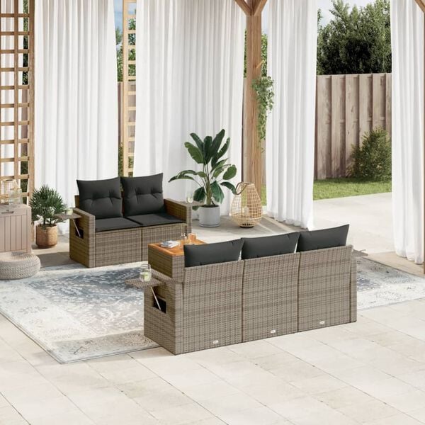 vidaXL Set de muebles de jard&iacute;n 6 pzas y cojines rat&aacute;n sint&eacute;tico gris