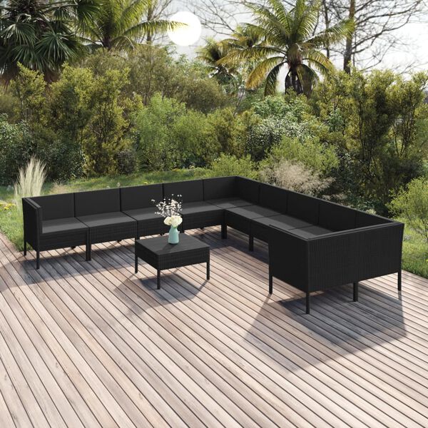 vidaXL Set de muebles de jard&iacute;n 11 pzas cojines rat&aacute;n sint&eacute;tico negro