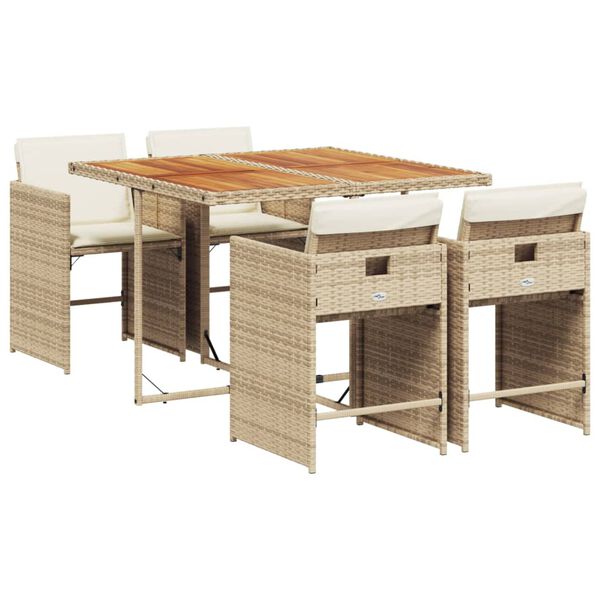 vidaXL Set comedor de jard&iacute;n 5 pzas con cojines rat&aacute;n sint&eacute;tico beige