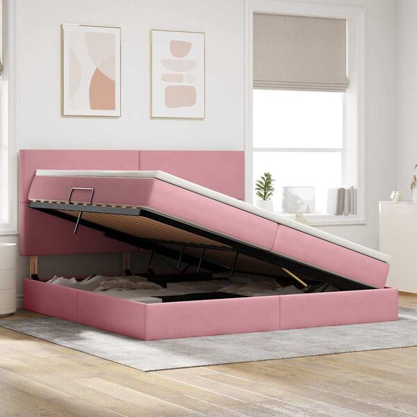 vidaXL Cama con almacenamiento y colch&oacute;n Rosa 200 x 200 cm Terciopelo