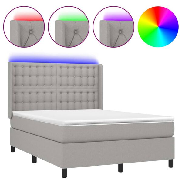 vidaXL Cama box spring colch&oacute;n y luces LED tela gris claro 140x190 cm