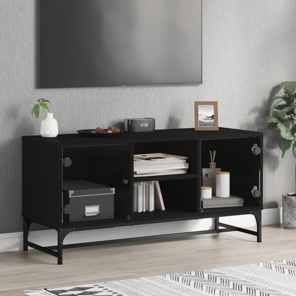 vidaXL Mueble de TV con puertas de vidrio negro 102x37x50 cm