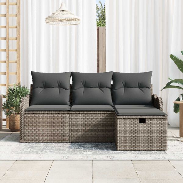vidaXL Conjunto de sof&aacute; de jard&iacute;n con coj&iacute;n 4 pcs Gris rat&aacute;n sint&eacute;tico