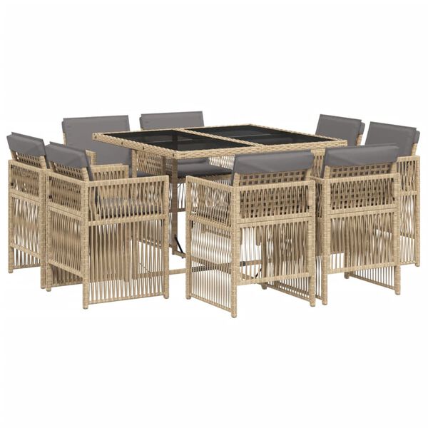 vidaXL Set comedor de jard&iacute;n 9 pzas con cojines rat&aacute;n sint&eacute;tico beige