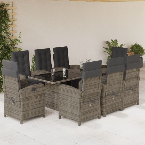 vidaXL Set comedor jard&iacute;n 9 pzas y cojines rat&aacute;n sint&eacute;tico gris