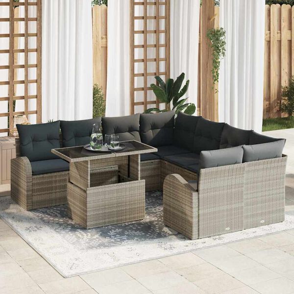 vidaXL Conjunto de sof&aacute; de jard&iacute;n 9 pcs Gris Claro rat&aacute;n sint&eacute;tico