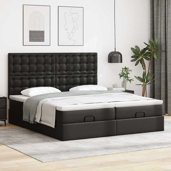vidaXL Cama otomana colch&oacute;n y LED cuero sint&eacute;tico negro 180x200 cm