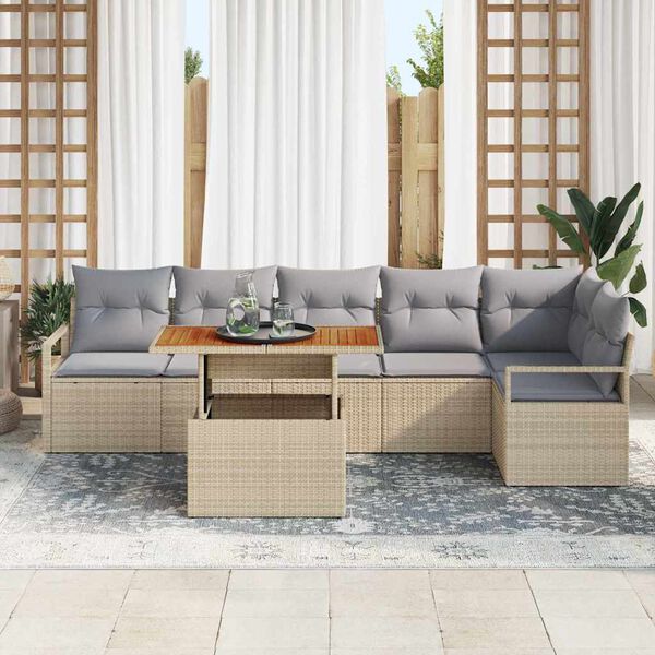 vidaXL Conjunto de sof&aacute; de jard&iacute;n 7 pcs Beige Polirat&aacute;n