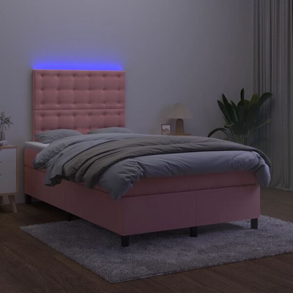 vidaXL Cama box spring colch&oacute;n y LED terciopelo rosa 120x200 cm