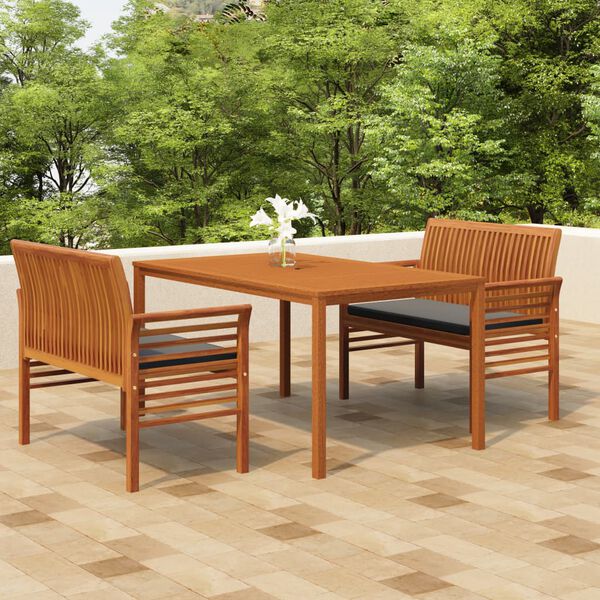 vidaXL Set comedor de jardín 3 pzas y cojines madera maciza de acacia