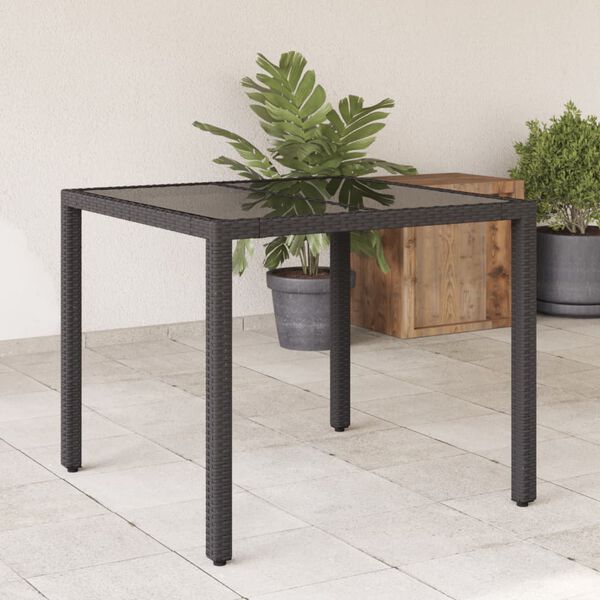 vidaXL Mesa de jardín superficie de vidrio ratán PE negro 90x90x75 cm