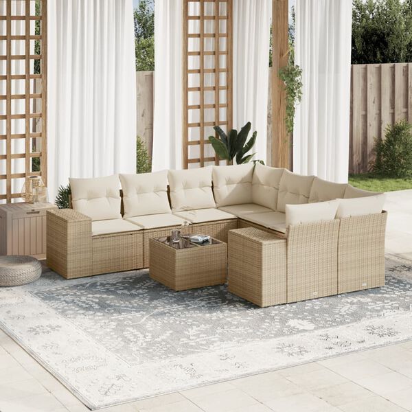 vidaXL Set de sof&aacute;s de jard&iacute;n 9 pzas con cojines rat&aacute;n sint&eacute;tico beige