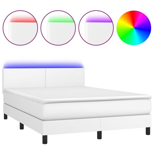 vidaXL Cama box spring colch&oacute;n y LED cuero sint&eacute;tico blanco 140x200 cm