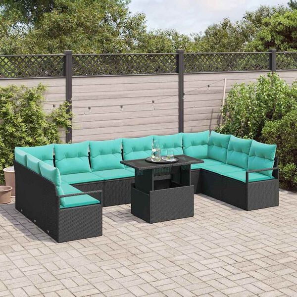 vidaXL Conjunto de sof&aacute; de jard&iacute;n 11 pcs Negro y azul rat&aacute;n sint&eacute;tico