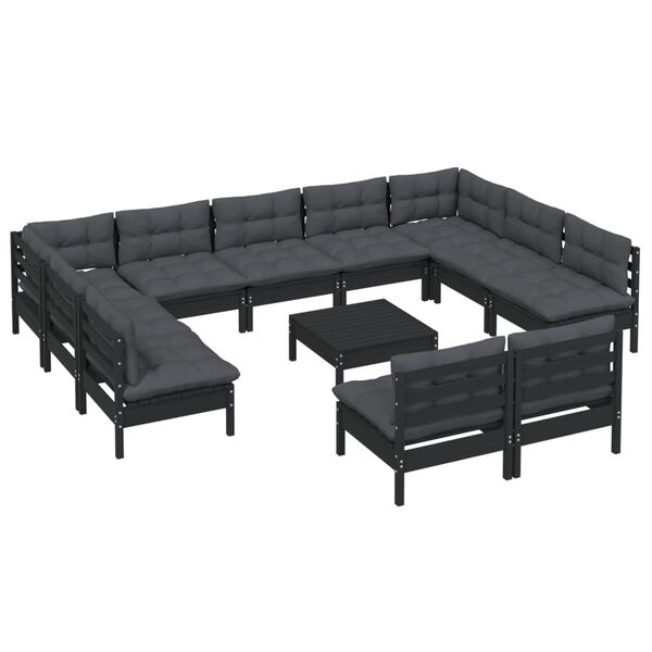 vidaXL Muebles de jard&iacute;n 12 pzas y cojines negro madera maciza de pino