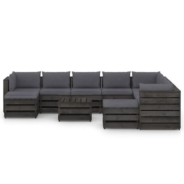 vidaXL Muebles de jard&iacute;n 11 piezas con cojines madera impregnada gris
