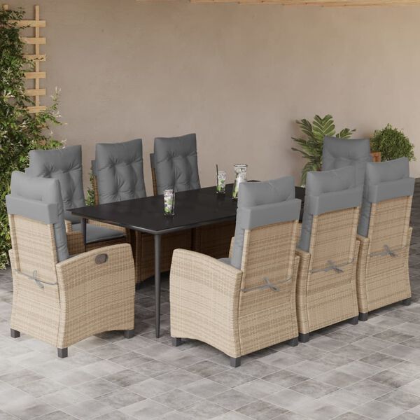 vidaXL Set comedor de jard&iacute;n 9 pzas con cojines rat&aacute;n sint&eacute;tico beige