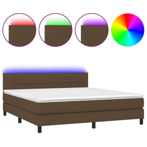 vidaXL Cama box spring colch&oacute;n luces LED tela marr&oacute;n oscuro 180x200cm
