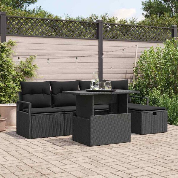 vidaXL Conjunto de sofá de jardín con cojín 6 pcs Negro Poliratán