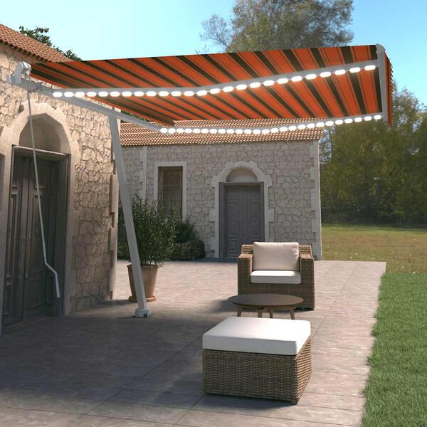 vidaXL Toldo retr&aacute;ctil manual con luz LED naranja y marr&oacute;n 400x350 cm