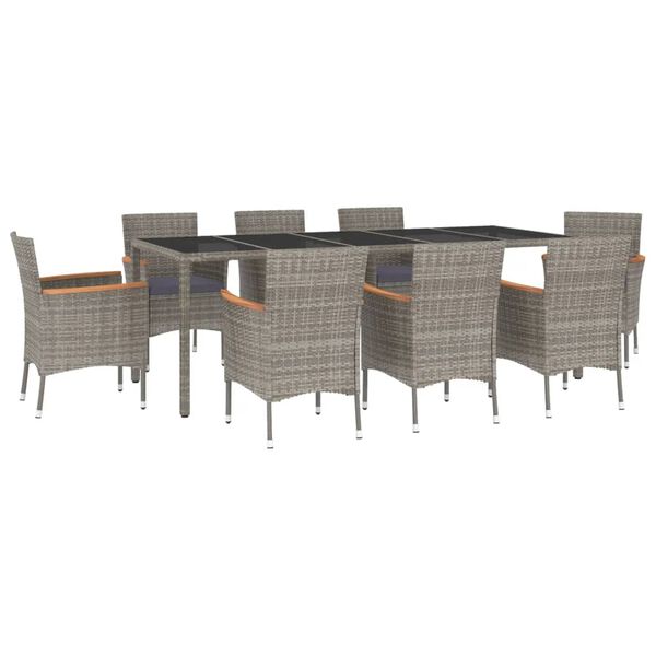 vidaXL Set comedor jard&iacute;n 9 pzas y cojines rat&aacute;n sint&eacute;tico gris