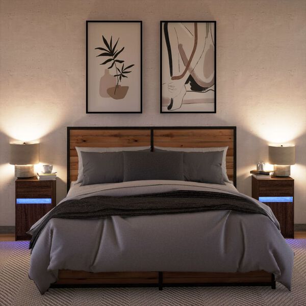 vidaXL Mesitas de noche luces LED 2 uds madera ingeniería roble marrón