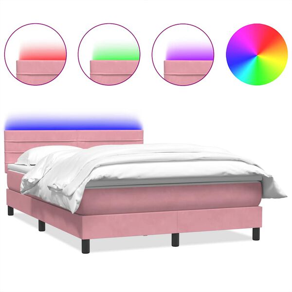 vidaXL Cama box spring con colch&oacute;n y LED terciopelo rosa 140x220 cm