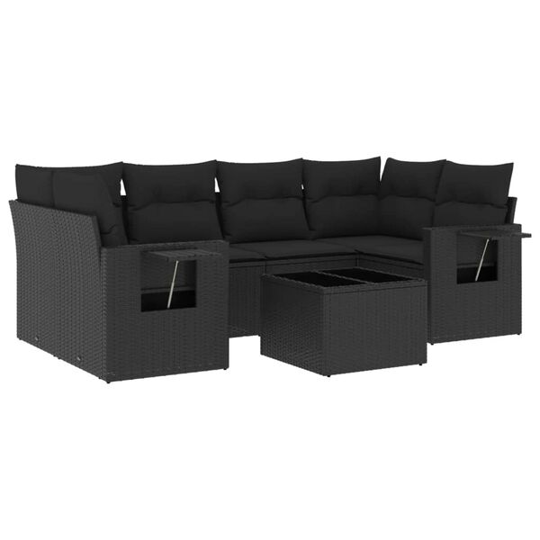 vidaXL Set de comedor de jard&iacute;n 7 pzas y cojines rat&aacute;n sint&eacute;tico negro