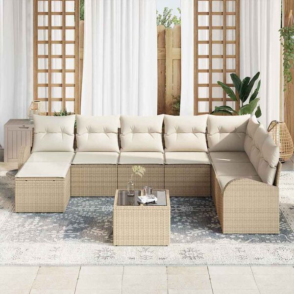 vidaXL Conjunto de sofá de jardín con cojín 9 pcs Beige Poliratán