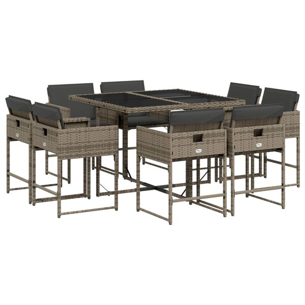 vidaXL Set comedor jard&iacute;n 9 pzas y cojines rat&aacute;n sint&eacute;tico gris