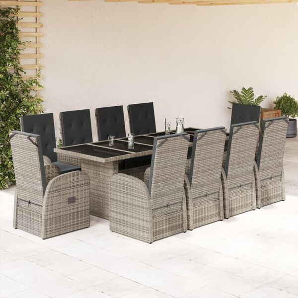 vidaXL Set de comedor de jard&iacute;n 11 pzas y cojines rat&aacute;n sint&eacute;tico gris