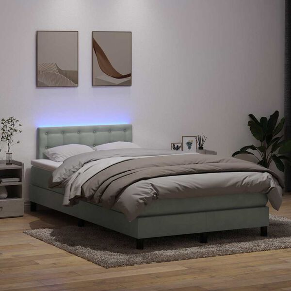 vidaXL Cama box spring con colch&oacute;n y LED terciopelo gris claro 120x220 cm