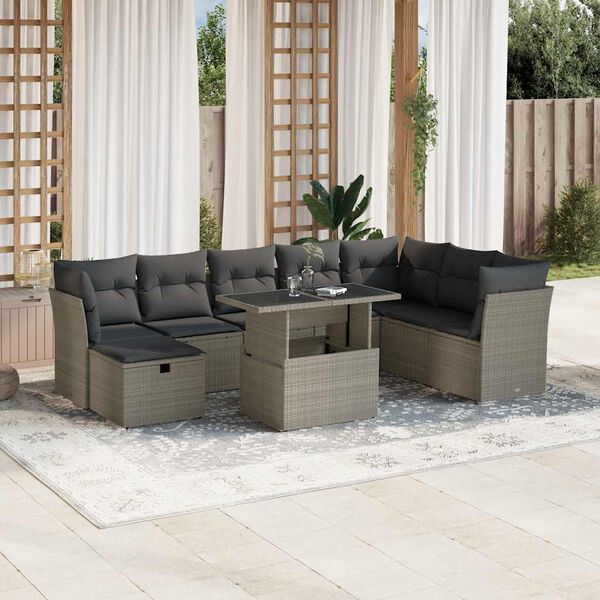 vidaXL Set muebles jard&iacute;n 9 pzas y cojines rat&aacute;n sint&eacute;tico gris claro