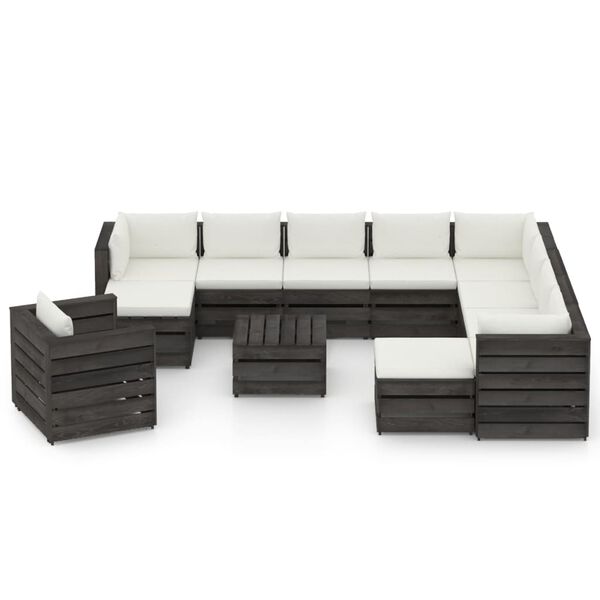 vidaXL Muebles de jard&iacute;n 12 pzas con cojines madera impregnada gris