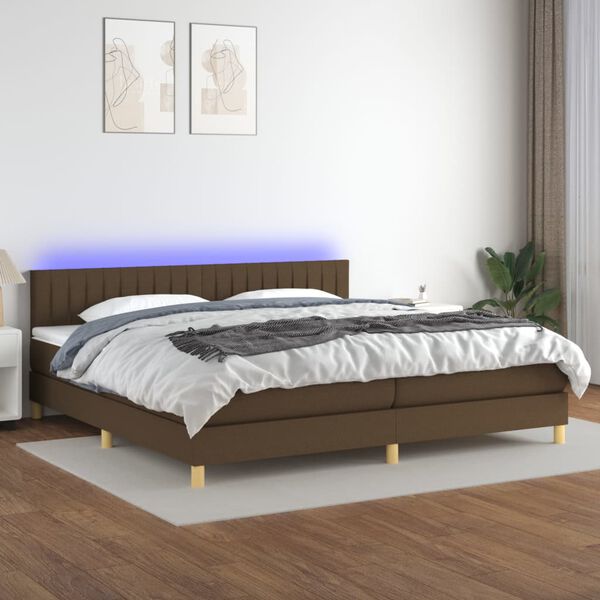 vidaXL Cama box spring con colch&oacute;n LED tela marr&oacute;n oscuro 200x200 cm