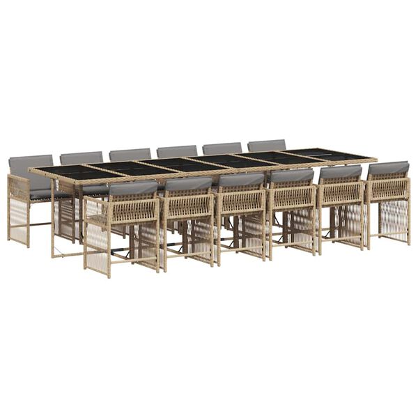 vidaXL Set comedor de jard&iacute;n con cojines 13 pzas rat&aacute;n sint&eacute;tico beige