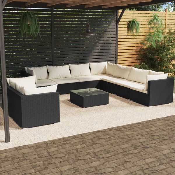 vidaXL Set de muebles de jard&iacute;n 10 pzas cojines rat&aacute;n sint&eacute;tico negro