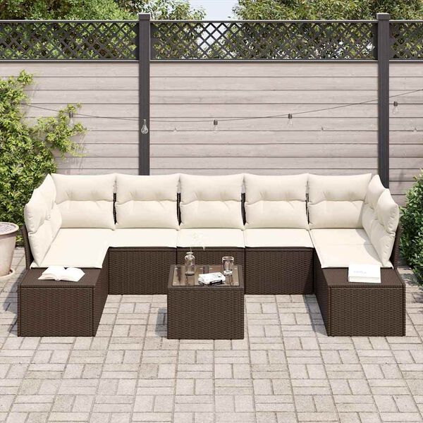 vidaXL Conjunto de sof&aacute; de jard&iacute;n 8 pcs Marr&oacute;n y crema rat&aacute;n sint&eacute;tico