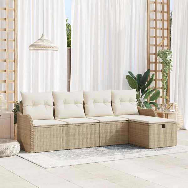 vidaXL Conjunto de sof&aacute; de jard&iacute;n 5 pcs Beige y Crema rat&aacute;n sint&eacute;tico