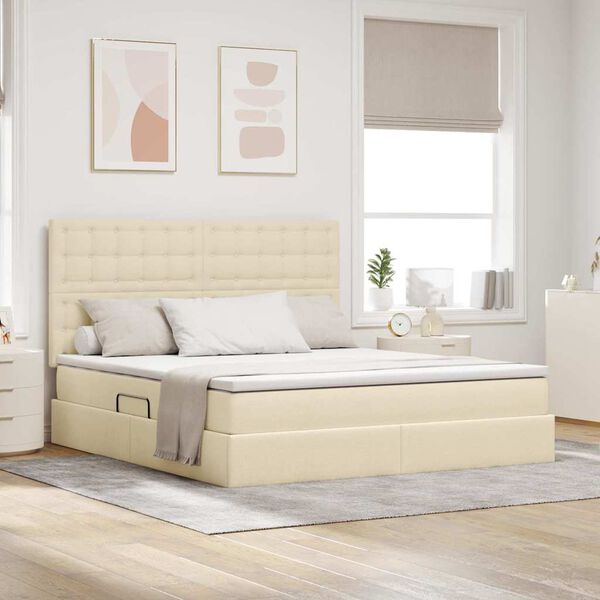 vidaXL Cama con almacenamiento y colch&oacute;n Crema 180 x 200 cm Poli&eacute;ster