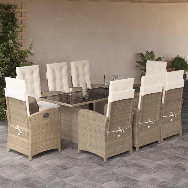 vidaXL Set comedor de jard&iacute;n 9 pzas con cojines rat&aacute;n sint&eacute;tico beige