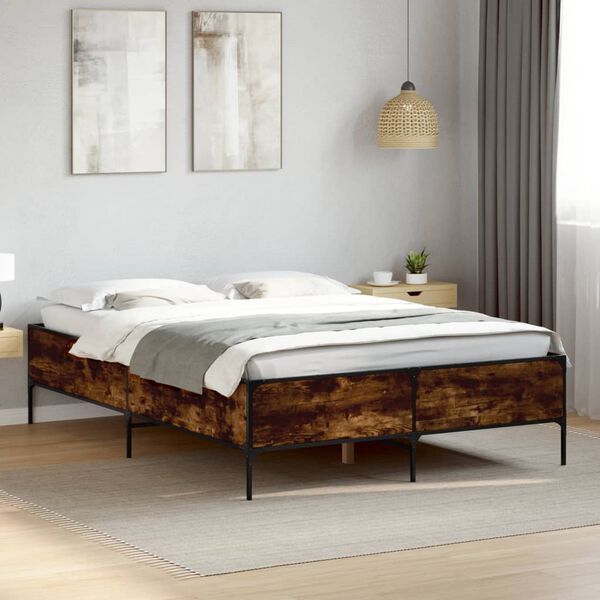 vidaXL Estructura cama madera ingenier&iacute;a metal roble ahumado 150x200cm